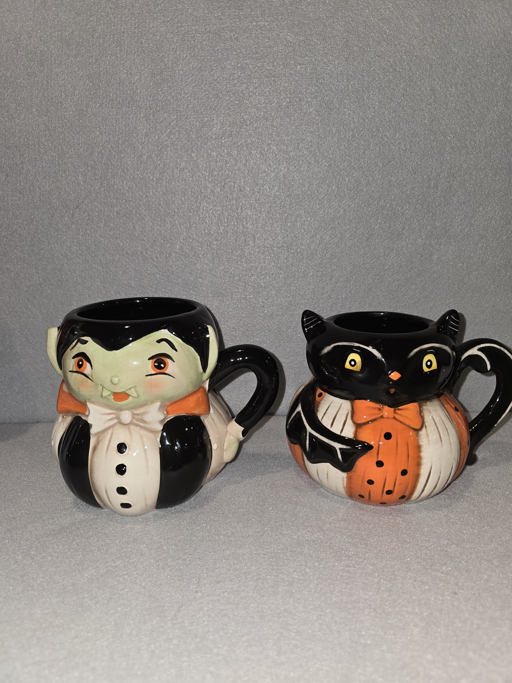 Halloween Ceramic Vampire and Black Cat Mugs - Set of 2